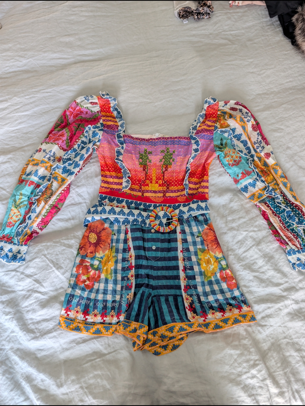 NWT Farm Rio Summer Stitches Belted Romper Cotton Patchwork S Pink Orange Teal
